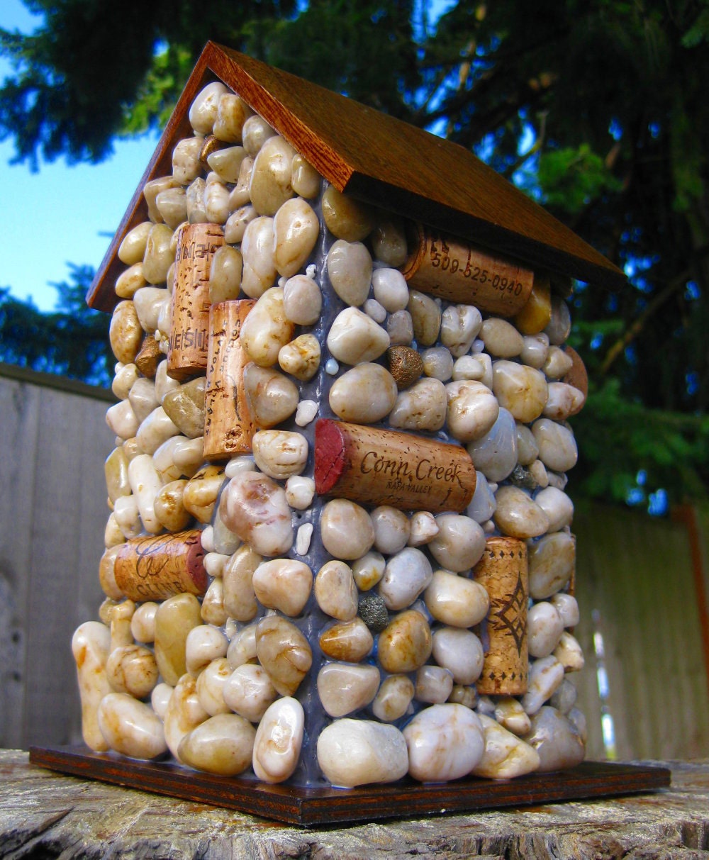Outdoor Wine Cork Birdhouse with gold accents
