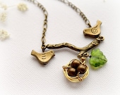 Birds Family Nest Small Pendant Antique Bronze Necklace. Vintage Statement Bib Necklace. Nature Collection