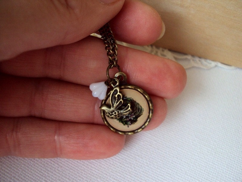Yellow Blue Flower Small Pendant. Antique Bronze Necklace. Vintage Brass Necklace.