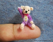 Miniature Bear  - Tiny Mini Crochet Teddy Cream Bear in Purple Shirt With Pink Bow - OAKK