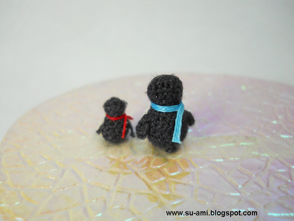 Micro Penguins - Dollhouse Miniature Birds - Set of Two Penguin Chicks - Mom and Daughter - Made To Order
