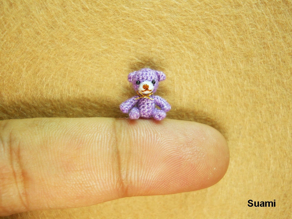 Extreme Micro Bear - Tiny Dollhouse Miniature Animals - 1/2 Inch Scale Crochet Creme Bear Golden Bow