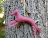 wool horse ornament in magenta and blue