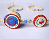 Primary Colors Spiral Necklace and Earrings Set, Red, Yellow and Blue Polymer Clay