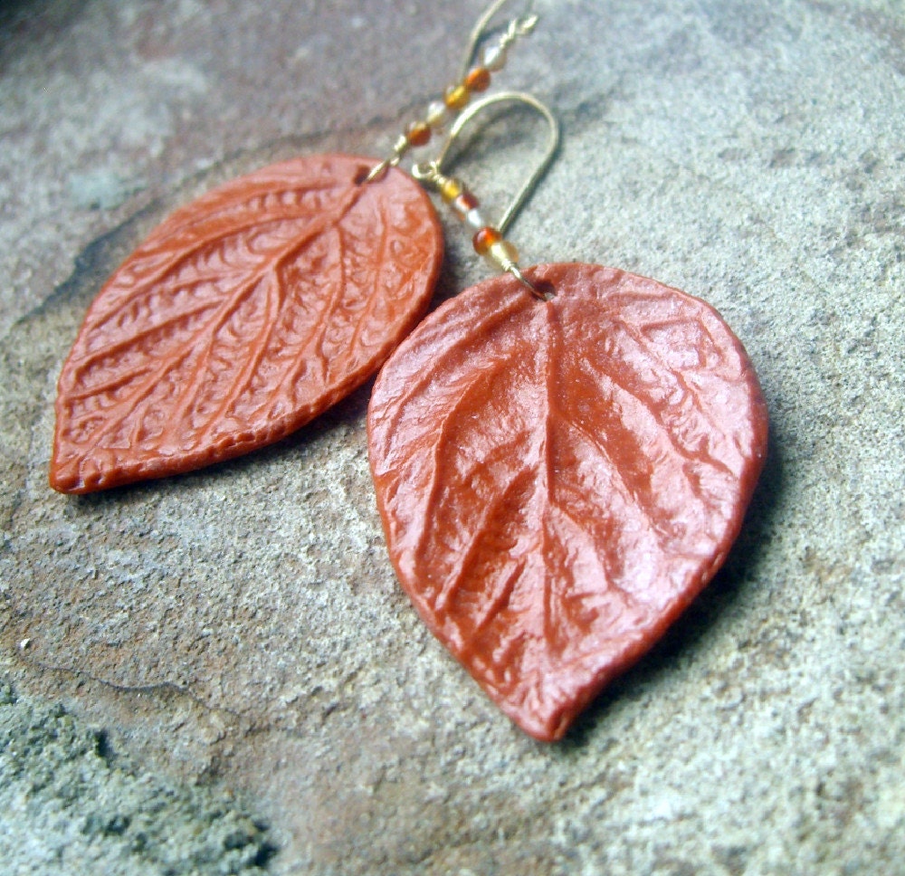 Leaf Earrings, Polymer Clay, Gold Filled, Carnelian, Nature Jewelry - mcclouddesigns