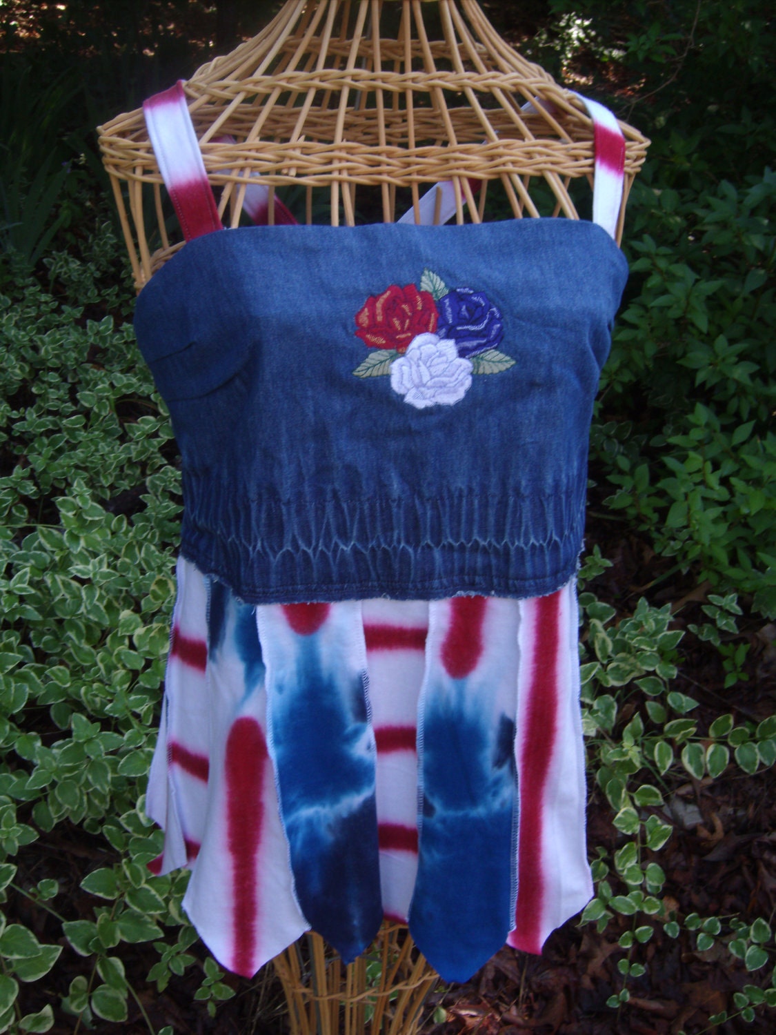 Patriotic roses embroidered corset style halter top with tie dyed panels july 4th red white and blue