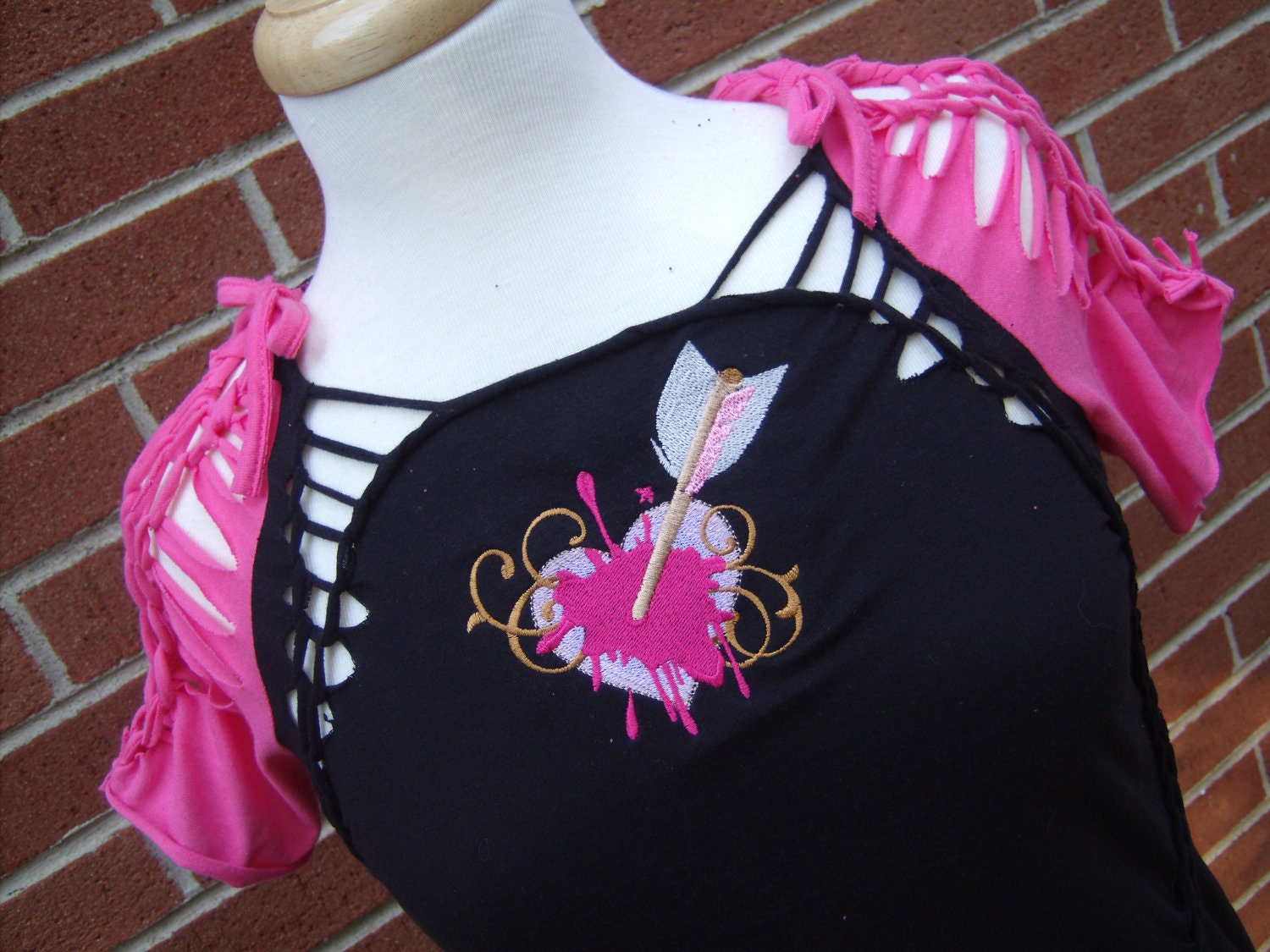 ripped t shirt braided shredded embroidered black and pink shot through the heart altered couture