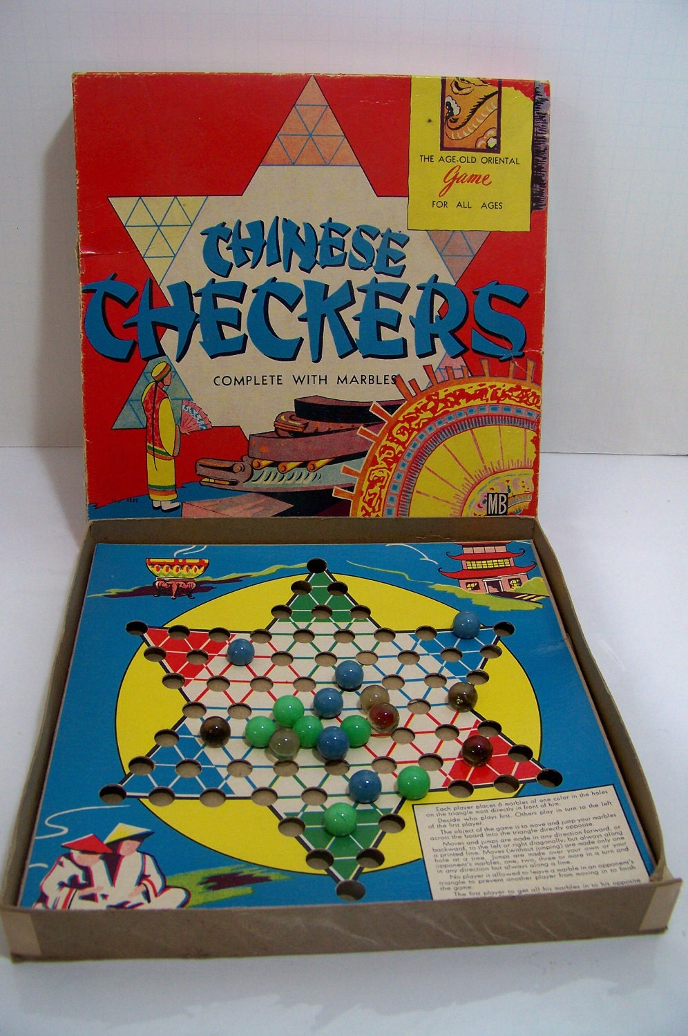 Vintage Milton Bradley Board Game 1950s Chinese Checkers and Peg Puzzle Solitaire