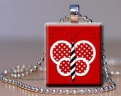 Scrabble Tile Pendant Necklace  - Cute Red and White Butterfly   - Comes with a FREE Silver Plated Ball Chain (CV7)