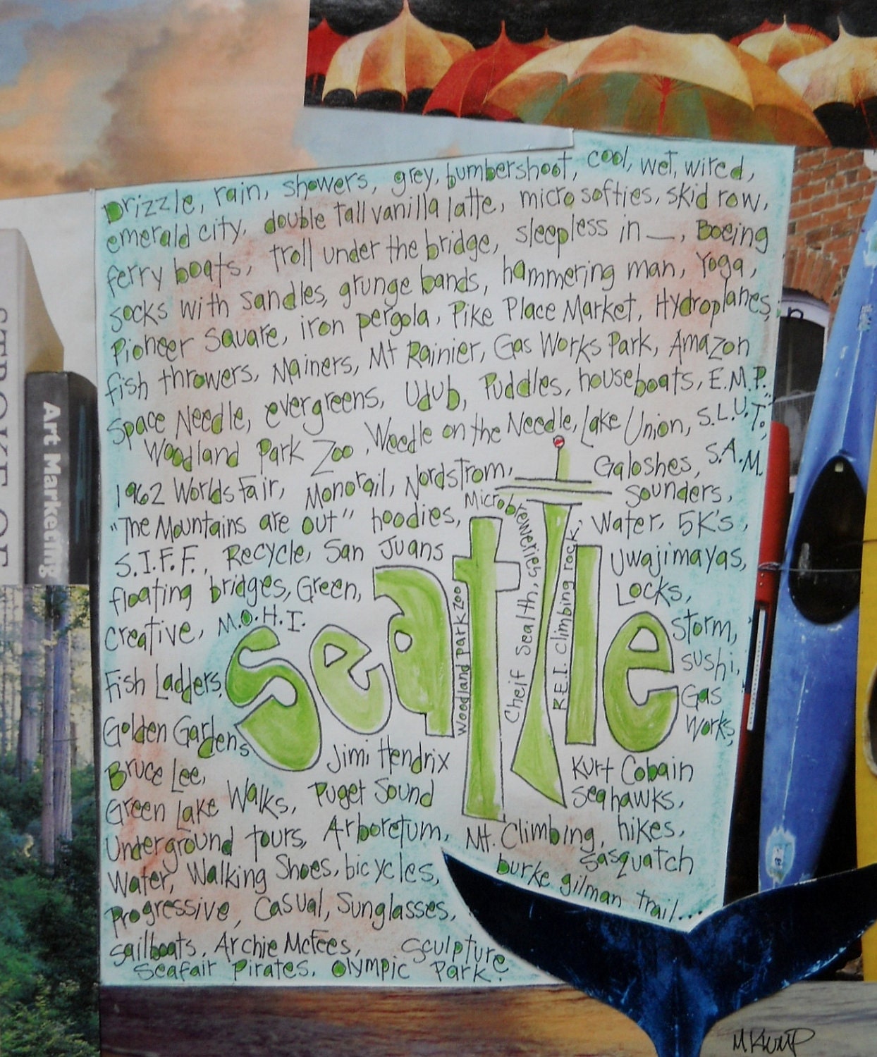 SEATTLE... a Limited Edition, Mixed Media Print by Mary Klump, Pike Place Market, Puget Sound, Sasquach etc.