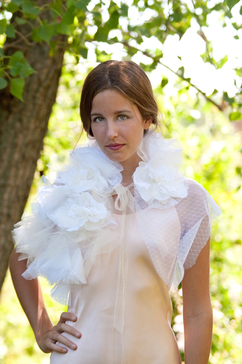 Wedding dress bolero jacket wrap Custom made vintage inspired Tulle point d'esprit wrap stole shawl handmade flowers
