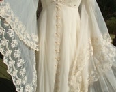 Vintage 1970s lace hippie fairy wedding dress poet sleeves wateau train lace trim lord of rings renassaince