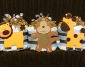 BLUE & BROWN SAFARI - Set of 3 Mini Diaper Cakes Centerpieces Baby Shower ideas Baby Shower gifts Monkey Giraffe Lion