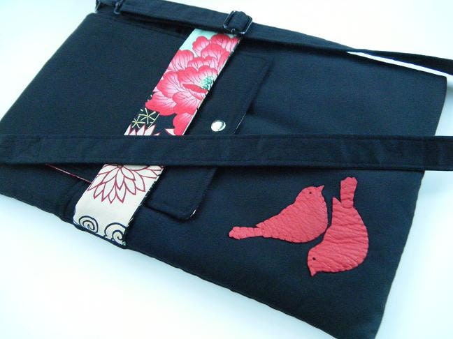 13inch macbook laptop sleeve with matching shoulder strap-also in sizes 11, 15, or 17-Black accented with blossom floral