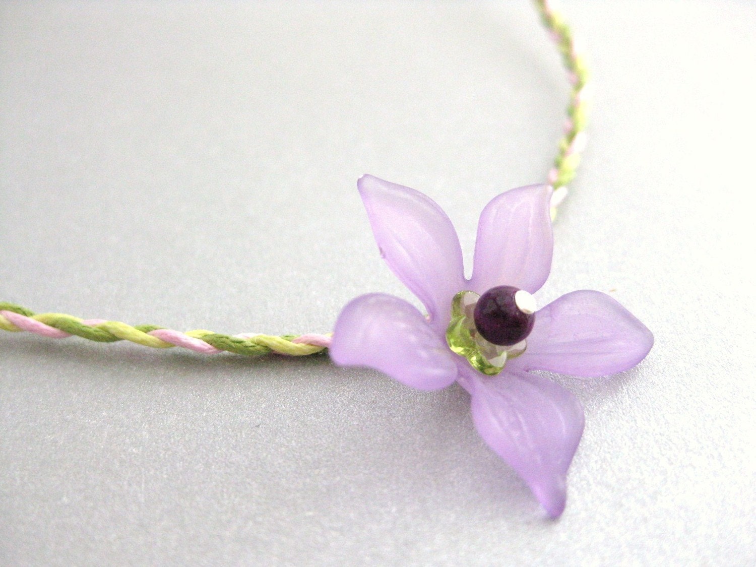 Woven necklace with large Purple flower, Medium Girls Necklace, GN 127