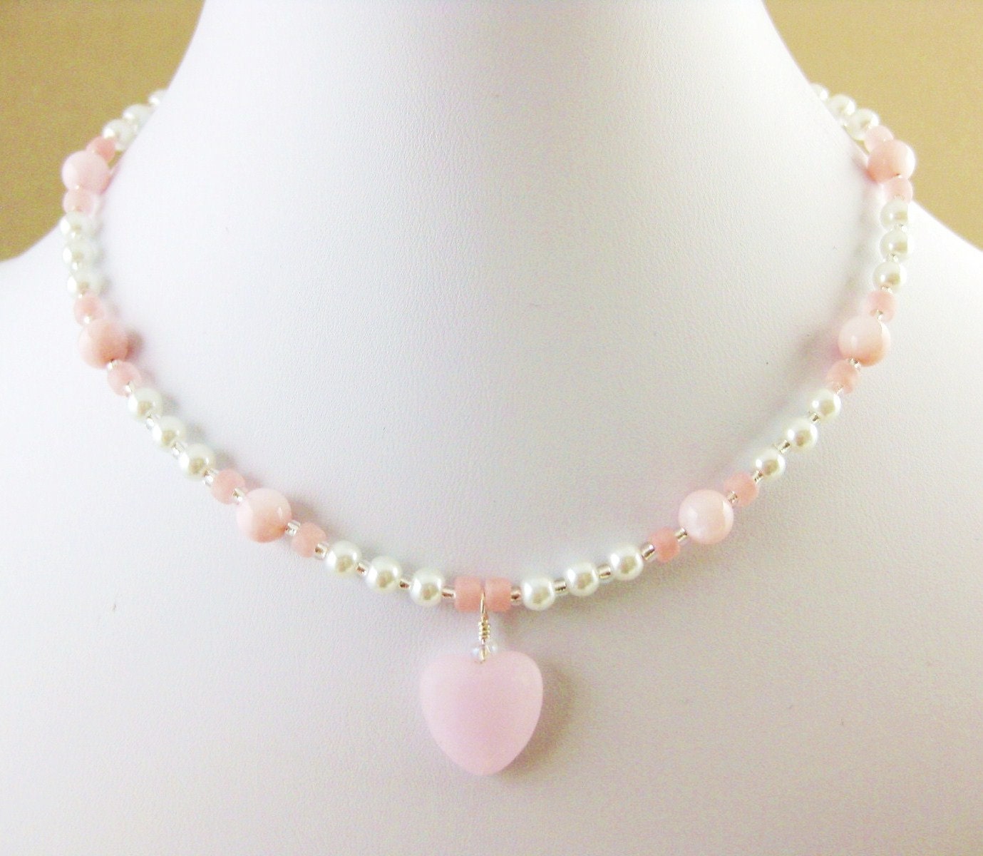 Girls Pearl Necklace with Pink Heart, Small, Sterling Clasp, Flower girls, GN 114