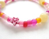 Girls Bracelet Pink Flowers and Yellow Jade, Beaded, Small, GBS 114