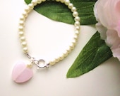Pearl Bracelet with Heart charm, Small Girls Bracelet, GBS 166, sterling silver clasp