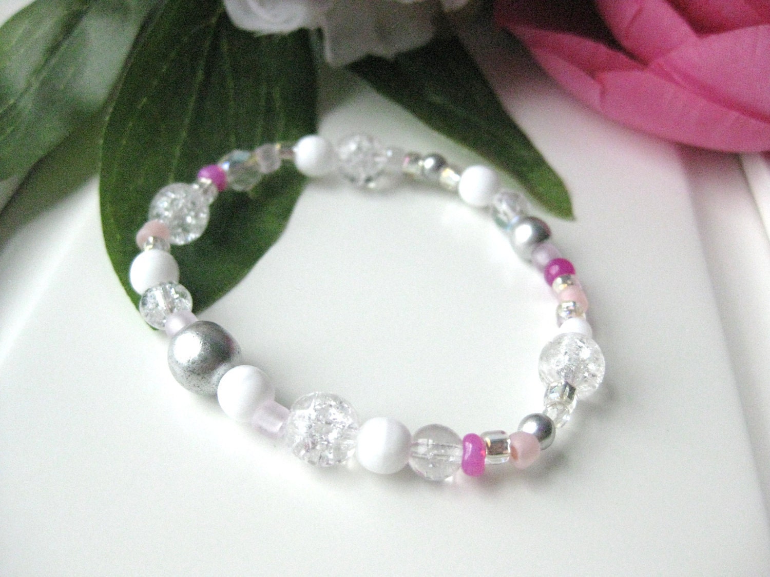 Girls Bracelet, Icy Silver, Pink and White beads, Large Bracelet, GBL 127