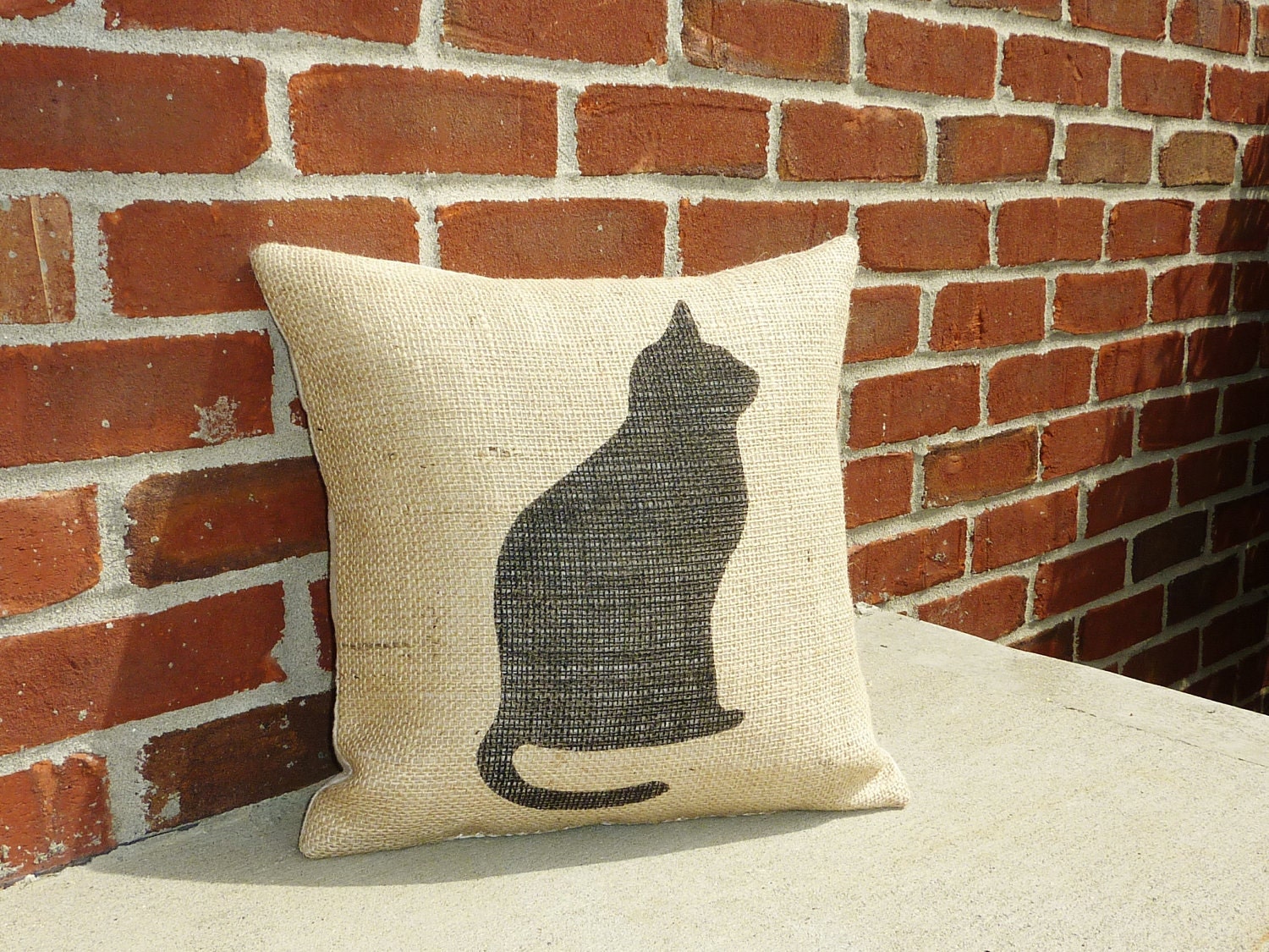 Handmade Stenciled Kitty Cat Silhouette Burlap Pillow-Insert Included
