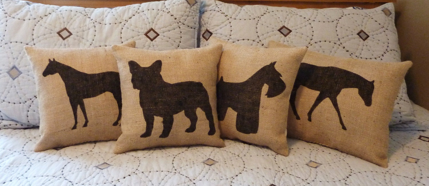 Handmade Stenciled French Bulldog Silhouette Burlap Pillow-Insert Included
