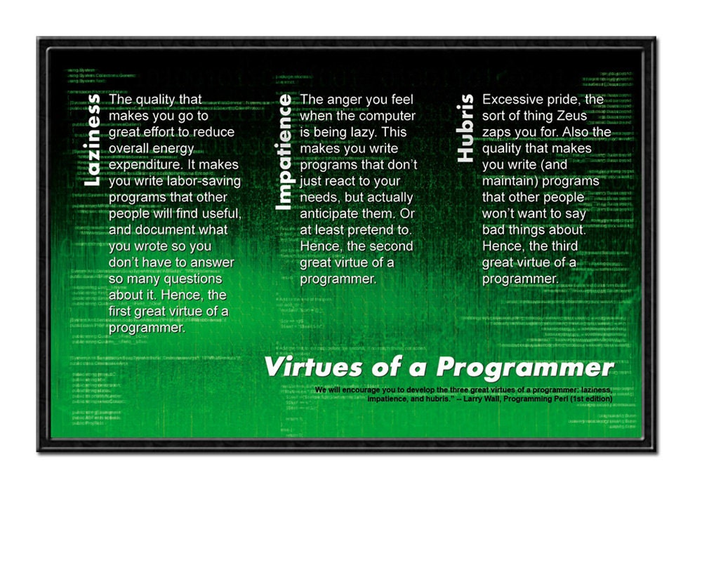 Geek Office Poster, Virtues of a Programmer, 11 x 17 art print, quotable sayings, computer nerd