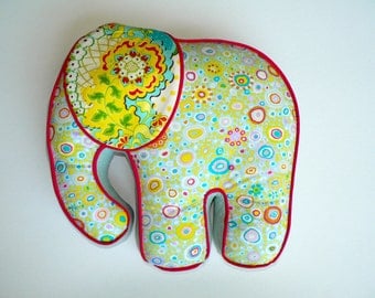 Elephant Pillow Blue Yellow Pink & Green