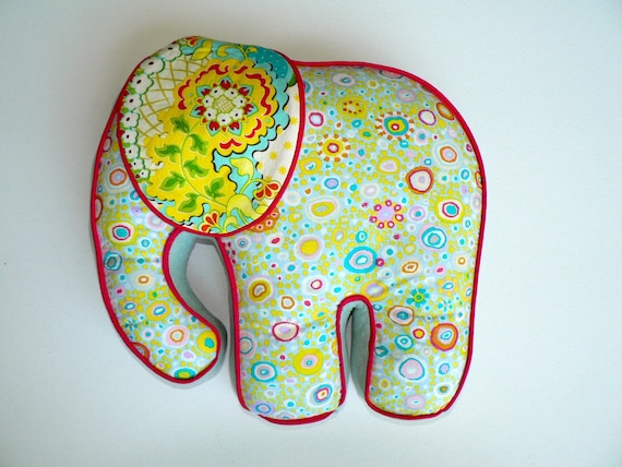 Elephant Pillow Blue Yellow Pink & Green