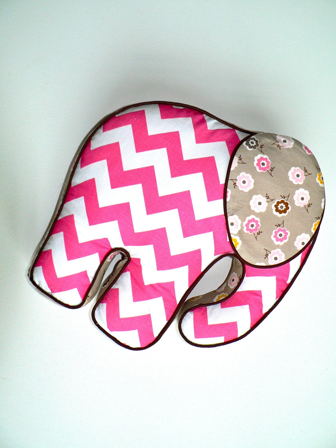 Elephant Pillow Pink Chevron White and Brown - ready ti ship