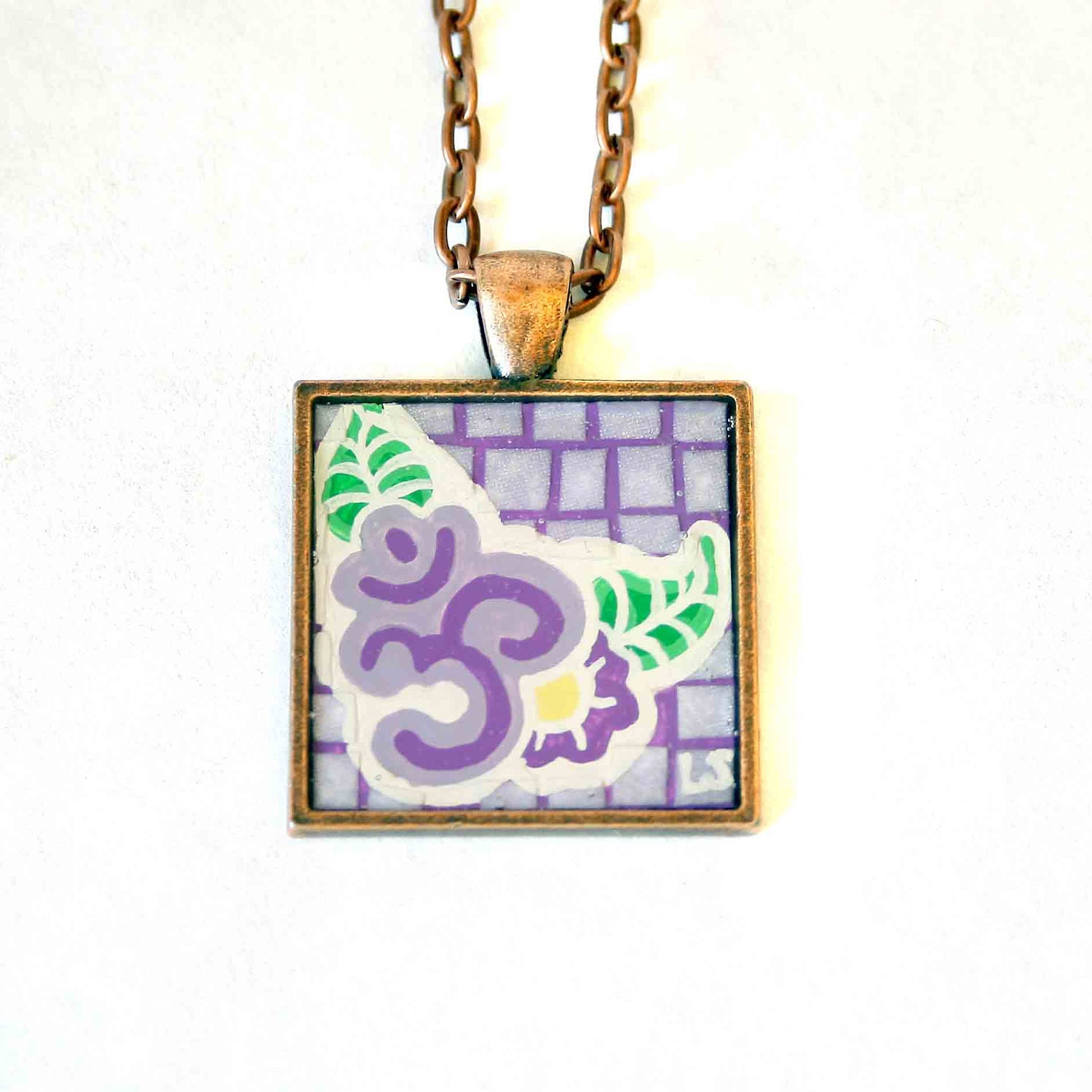 Purple Om Symbol with flowers Original Art Pendant by Lauren Snyder-Recycled Paper Mixed Media Mosaic Art
