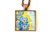 Blue Flower Blossoms Original Art Pendant by Lauren Snyder-Recycled Paper Mixed Media Mosaic Art