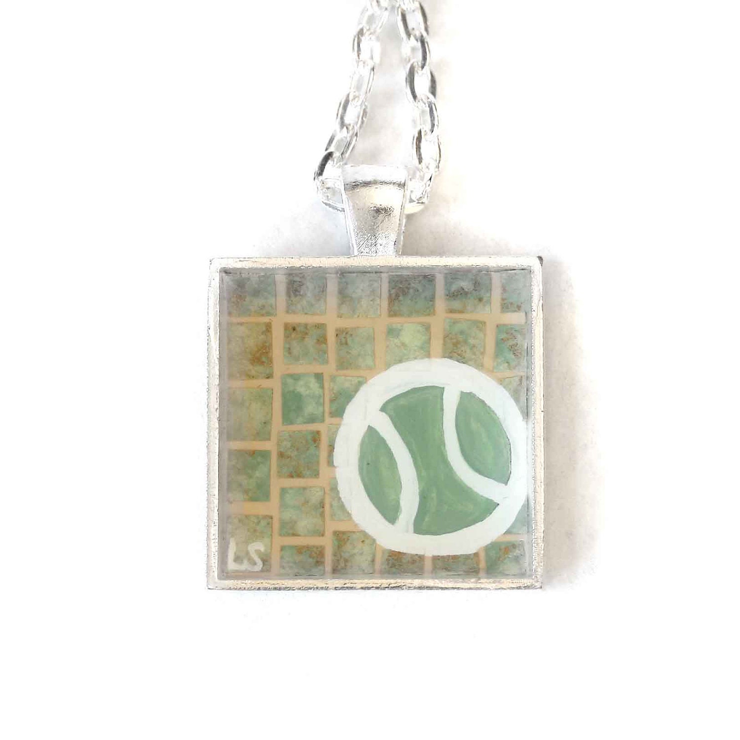 Tennis Ball Original Art Pendant by Lauren Snyder-Recycled Paper Mixed Media Mosaic Art