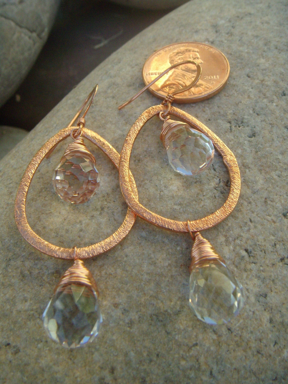 Crystal Drop Earrings - Hammered Copper - Small Dangle Earrings - Teardrops