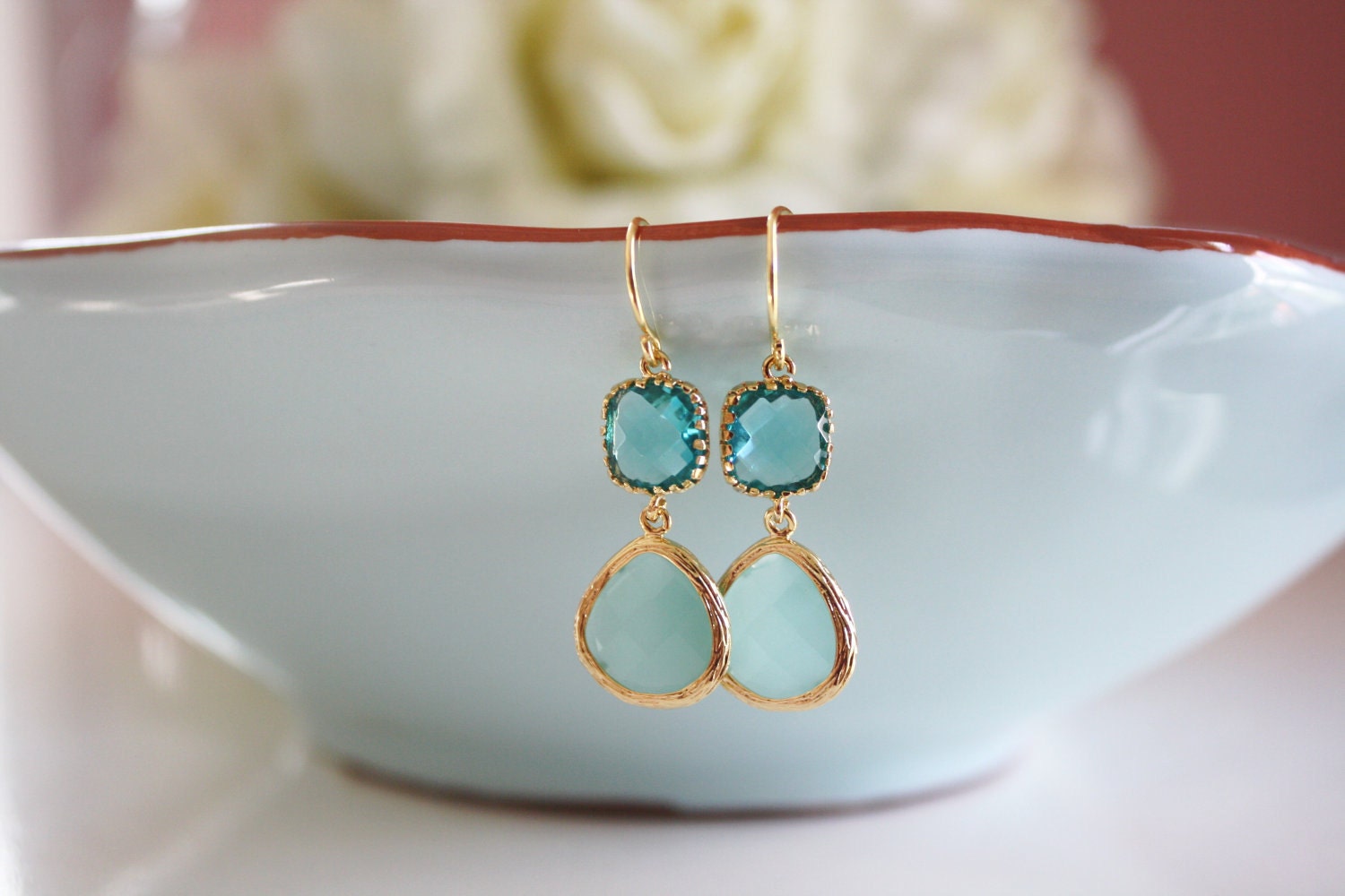 Tiffany Blue Dangle Earrings, Gold Earrings, Tiffany Blue Wedding, Bridesmaids Earrings, Bridesmaid Gifts, Everyday Earrings