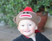 OOAK- Sock Monkey Hat With Pom Pom - 3-6 Months Infant Baby - OOAK Ready To Ship - Handmade & Crocheted Crochet