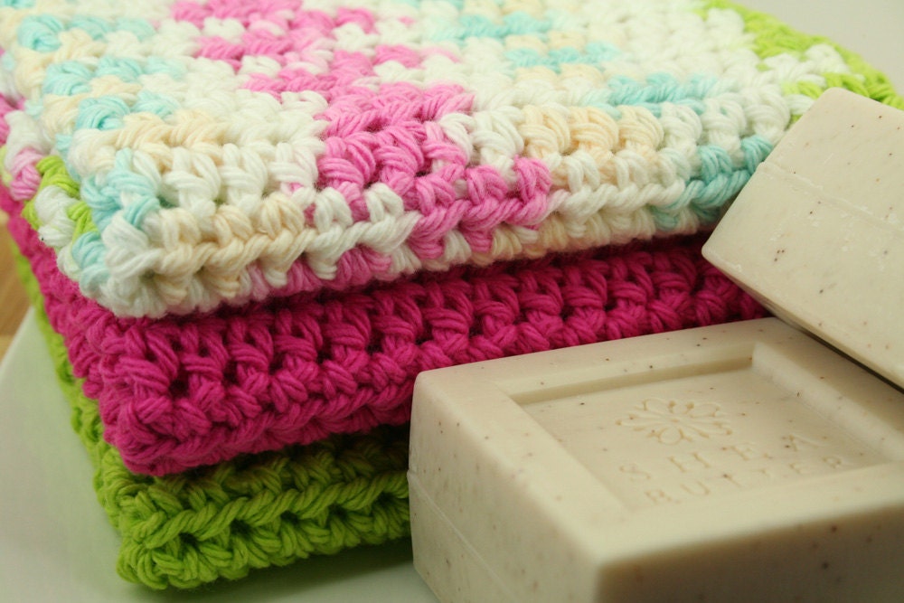 OOAK- Washcloth Set of 3 - Scrubber, Wash Cloth, Shower, Bathroom, Eco-Friendly - OOAK Ready To Ship - Handmade & Crocheted