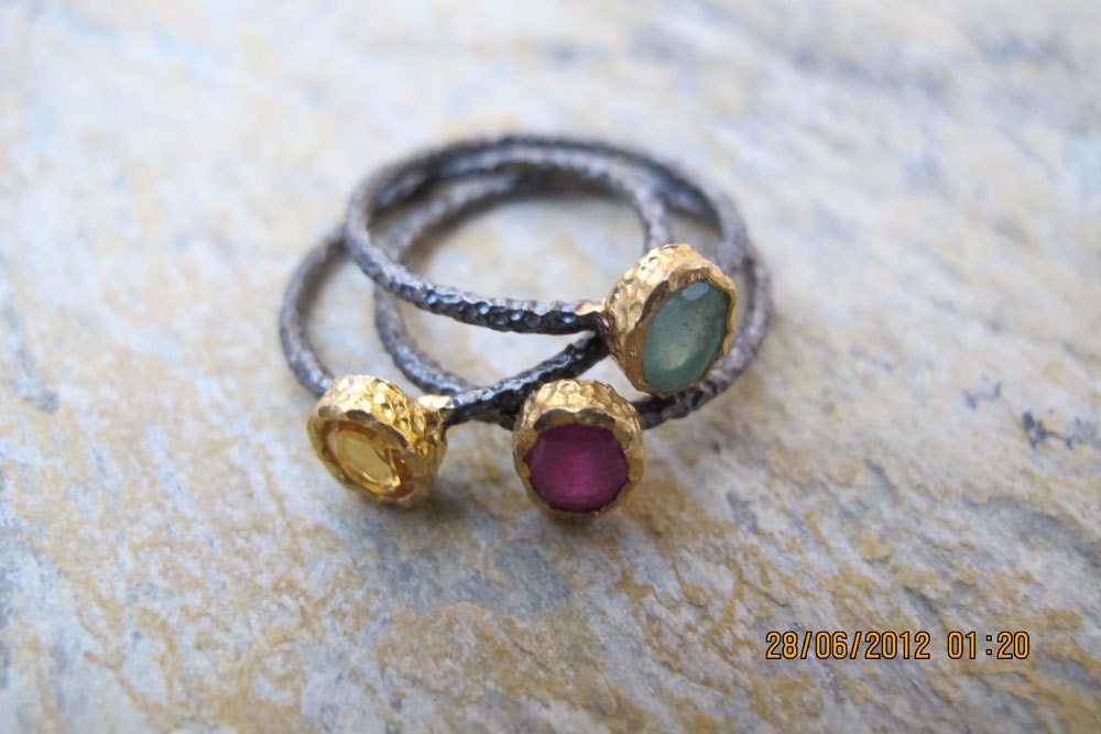 Amethyst Citrine Emerald Stacking Rings Set of 3 Gold Plated Silver and Oxidized Sterling Silver Bands