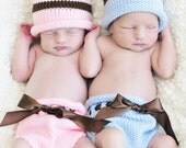 Baby Bow Top Knit Newborn Hat and Bottom in Baby Blue OR Pink  with Chocolate Brown Accents Photography Prop