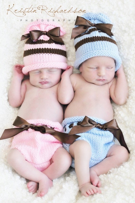 Baby Bow Top Knit Newborn Twin Pack Hats and Bottoms in Baby Blue and Petal Pink with Chocolate Brown Accents Photography Prop