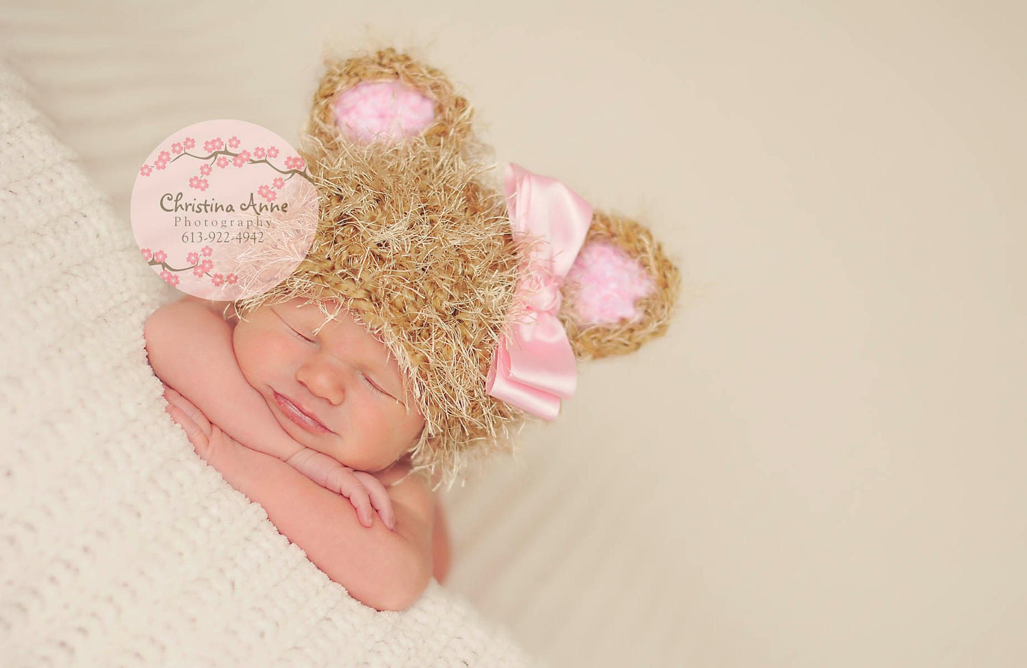 It's a Girl Crocheted Baby Bear Newborn Beanie Hat with Pink Ears for Infant Photography