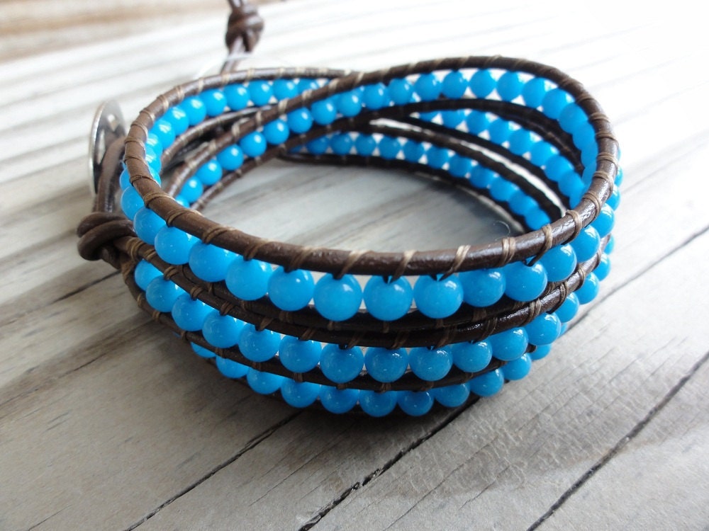 Turquoise Blue Mountain Jade Beaded Triple Leather Wrap Bracelet