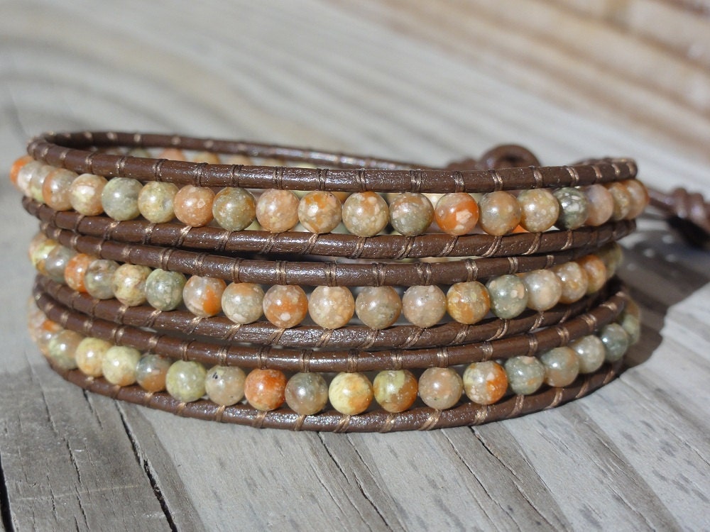Autumn Jasper Beaded Triple Leather Wrap Bracelet with Elephant Button