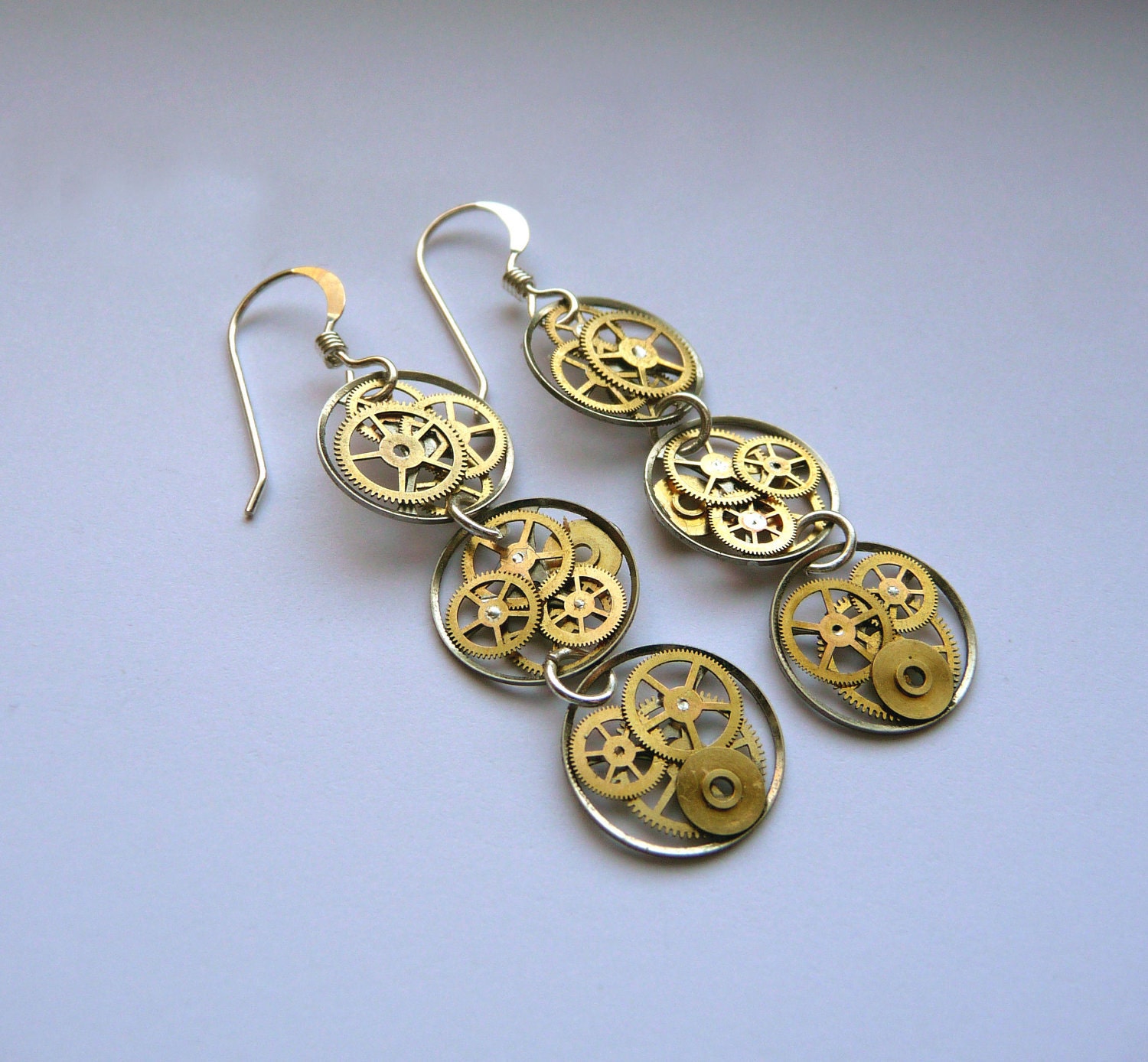 Steampunk Earrings Gearrings "Omega" Triple Circle Recycled Mechanical Watch Gear Dangle Sterling Silver French Wire Hook Steampunk Earrings