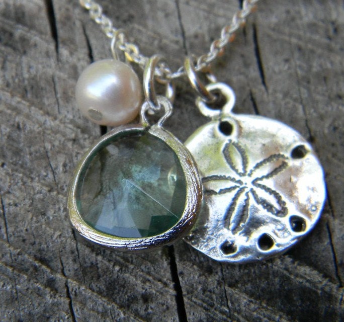MOTHERS DAY SALE Sand Dollar and Sea Glass Charm Necklace Sterling Silver