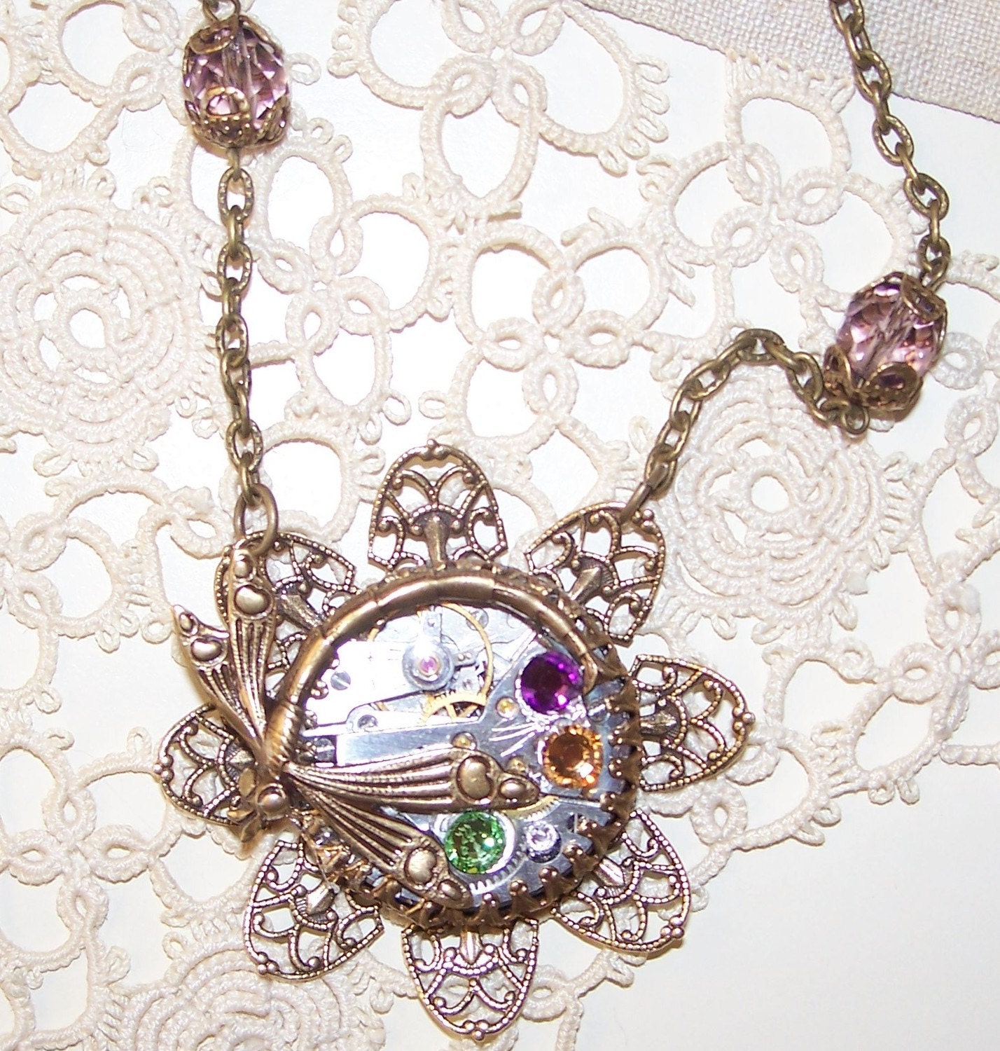 Steampunk Antique Swiss Watch Dragonfly  Necklace OOAK