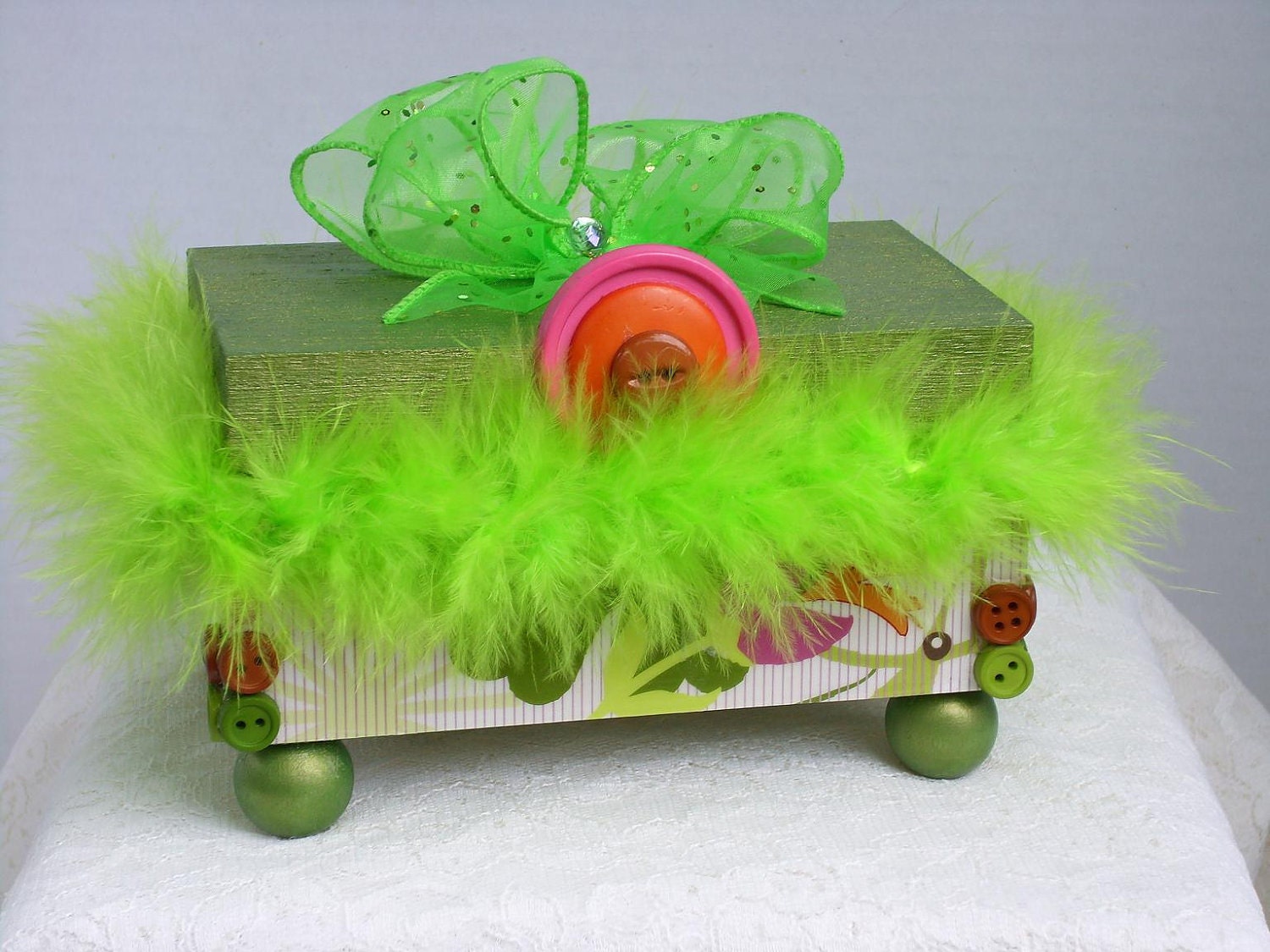 Trinket Box Decorative Green With Lime Green Feathers and Bow and Small Colored Buttons Ready To Ship