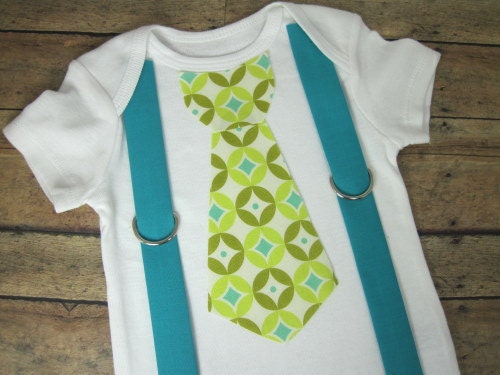 Riley Blake Sweet Green Diamonds Tie with Blue Suspenders Onesie or Shirt