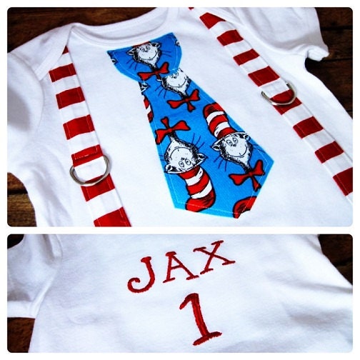 Personalized Cat in the Hat Tie with Red Squiggly Stripe Suspenders Onesie or Shirt