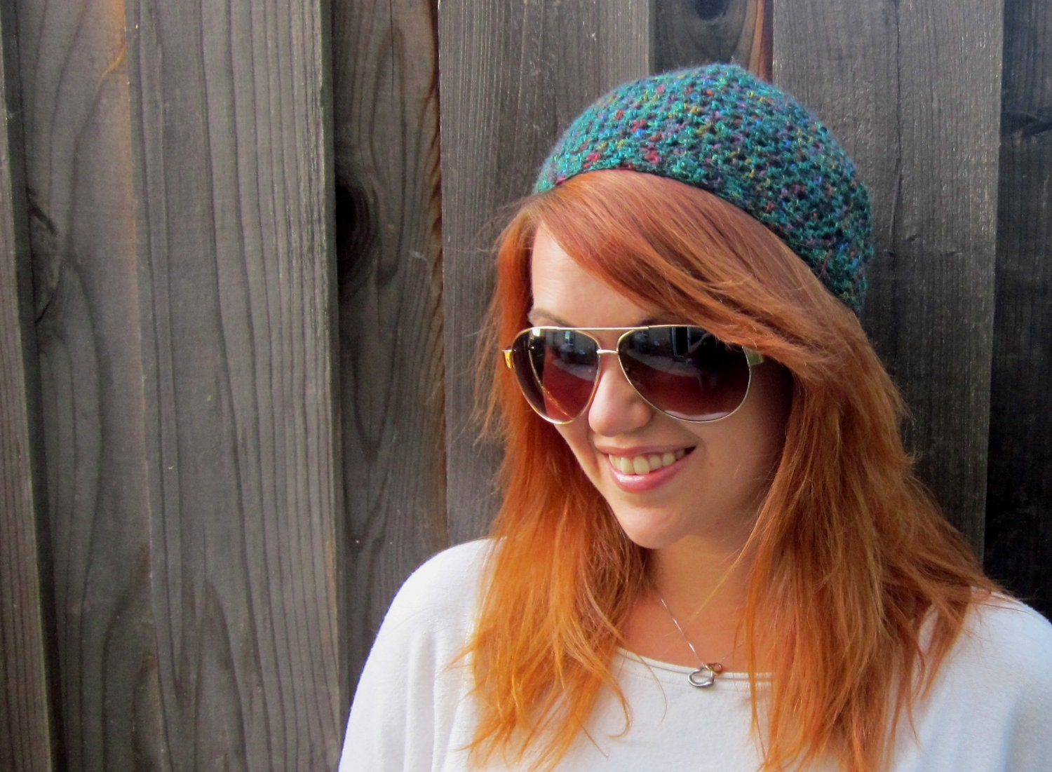 Slouchy Beanie, Multicolor Rainbow Variegated Mohair (crochet lacy hat)