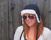 Aviator Hat, Black with Cream Brim (crochet ear-flap hat)